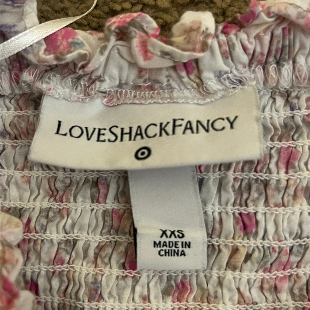 LoveShackFancy Pink and Cream Smocked Dress with Tie Straps - Picture 2 of 2